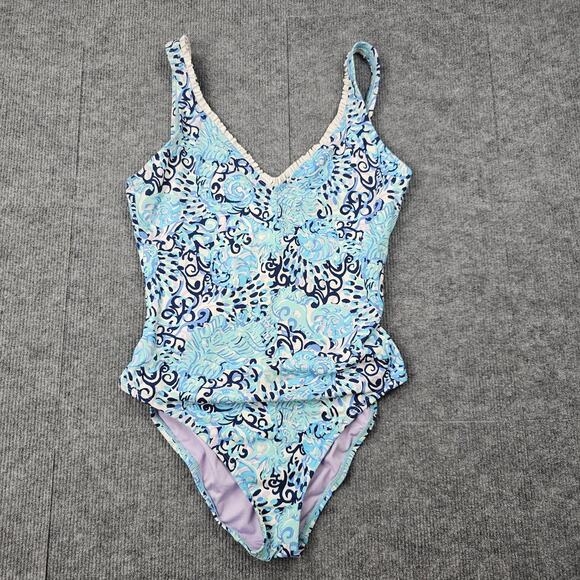 Lilly Pulitzer Araza Swimsuit Womens 10 Blue One Piece Ruffle Trim Ruched Floral - Picture 1 of 7
